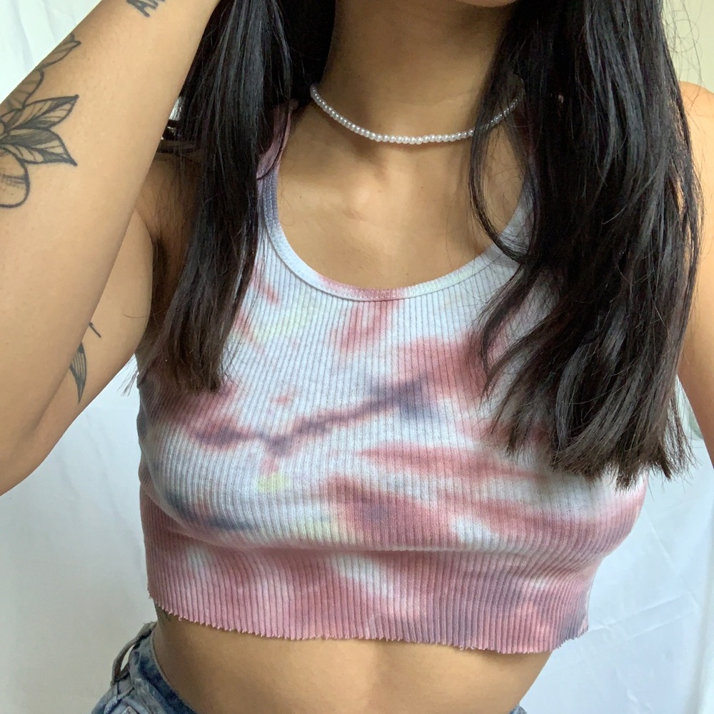 red and blue tie dye crop tank
